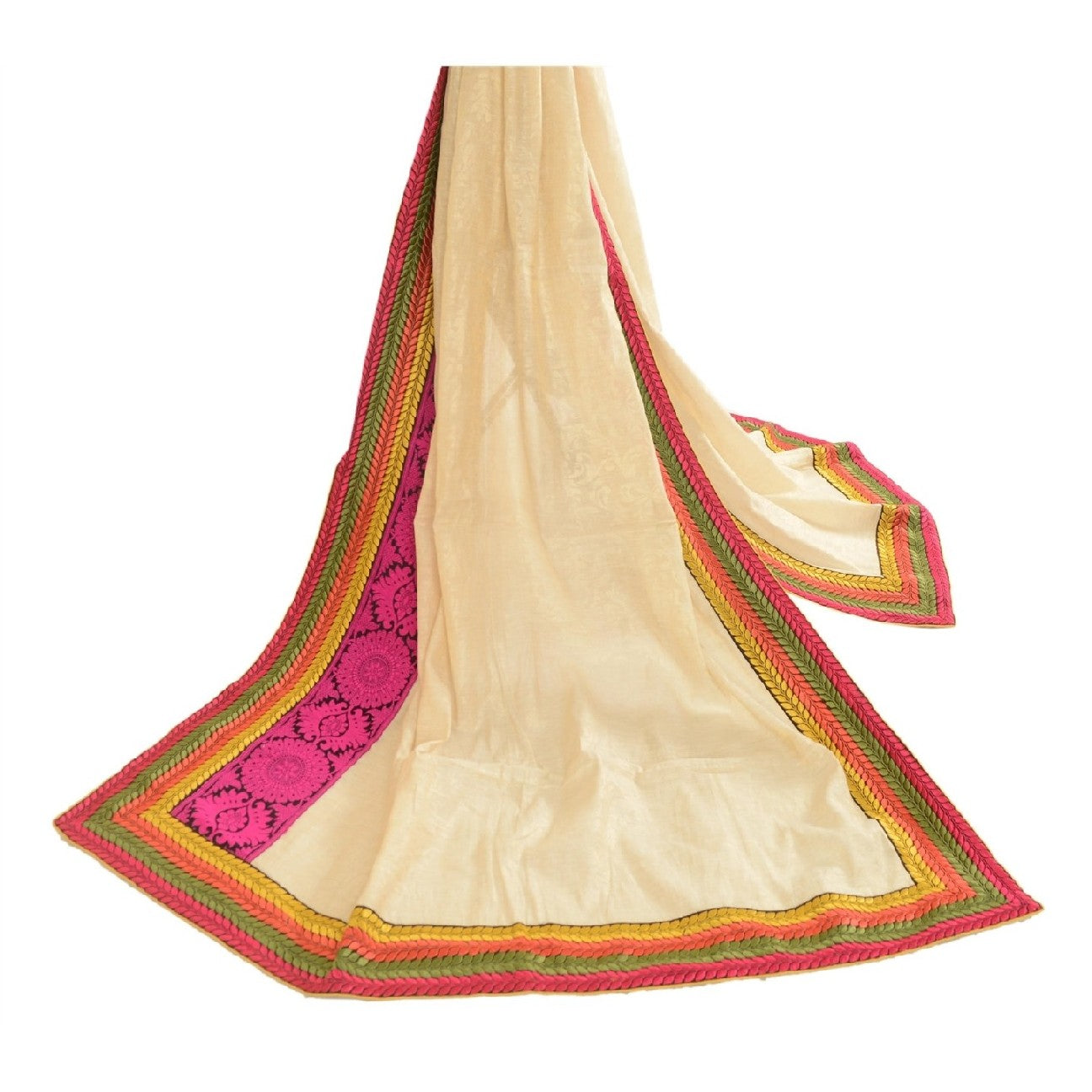 Sanskriti Vintage Dupatta Long Stole Cotton Silk Ivory Embroidered Patch Work