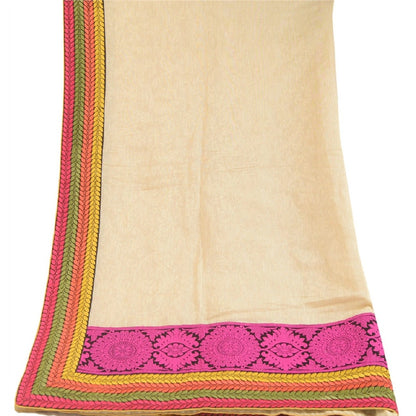 Sanskriti Vintage Dupatta Long Stole Cotton Silk Ivory Embroidered Patch Work