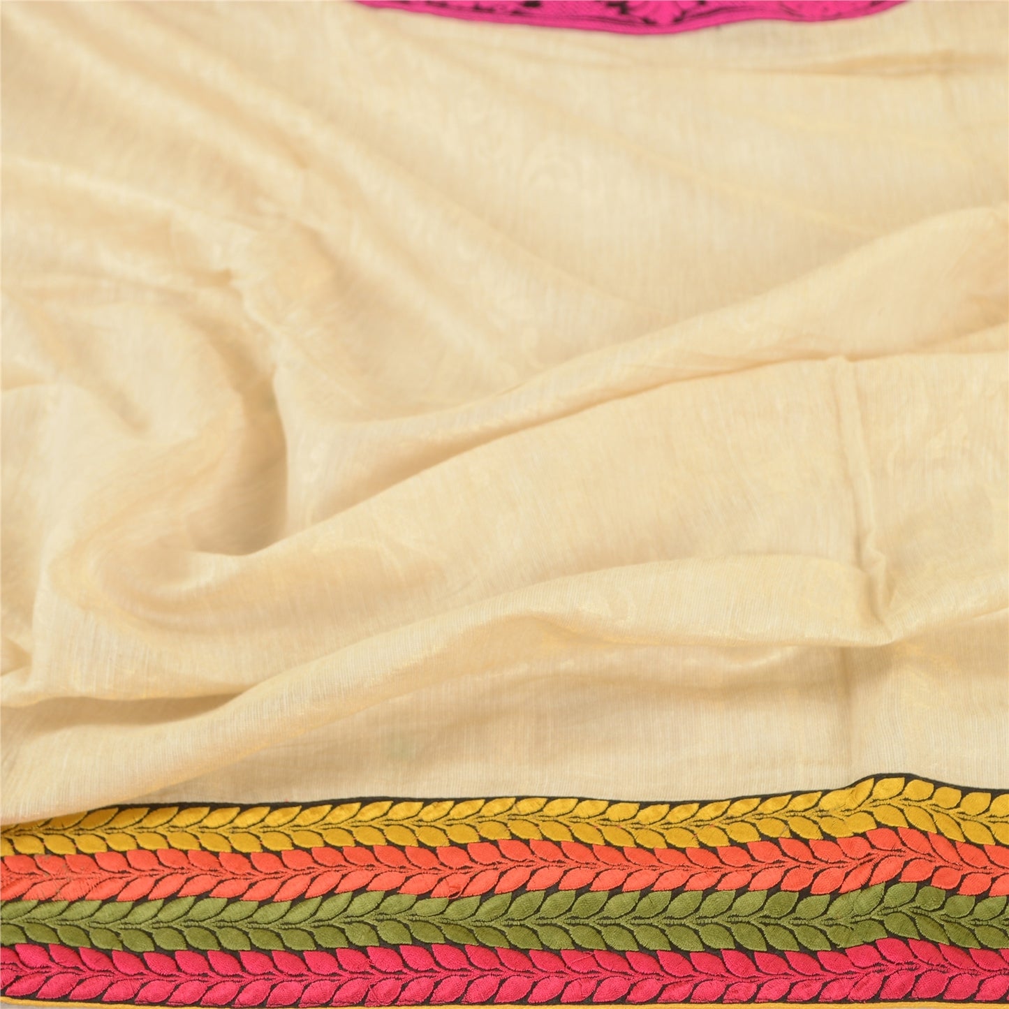 Sanskriti Vintage Dupatta Long Stole Cotton Silk Ivory Embroidered Patch Work