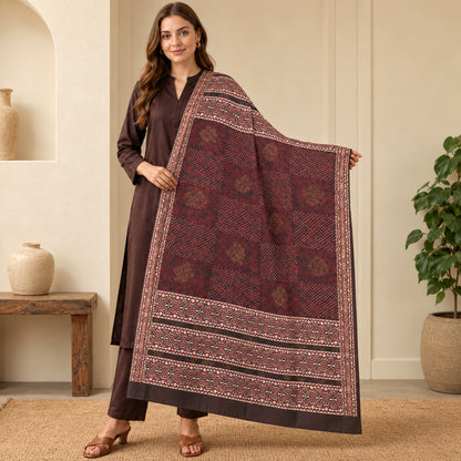 Sanskriti Vintage Hand Block Print Pure Cotton Dupatta Long Stole Red-Brown Veil