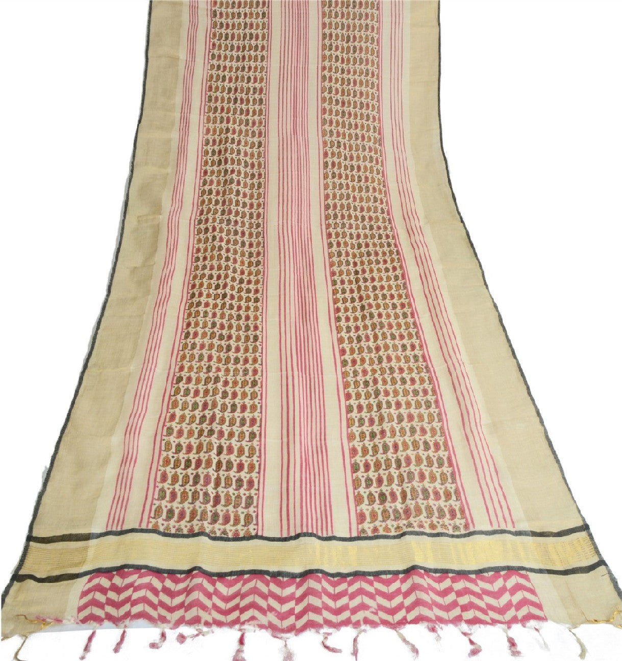 Sanskriti Vintage Ivory Long Dupatta Stole Pure Cotton Hijab Printed Wrap Veil