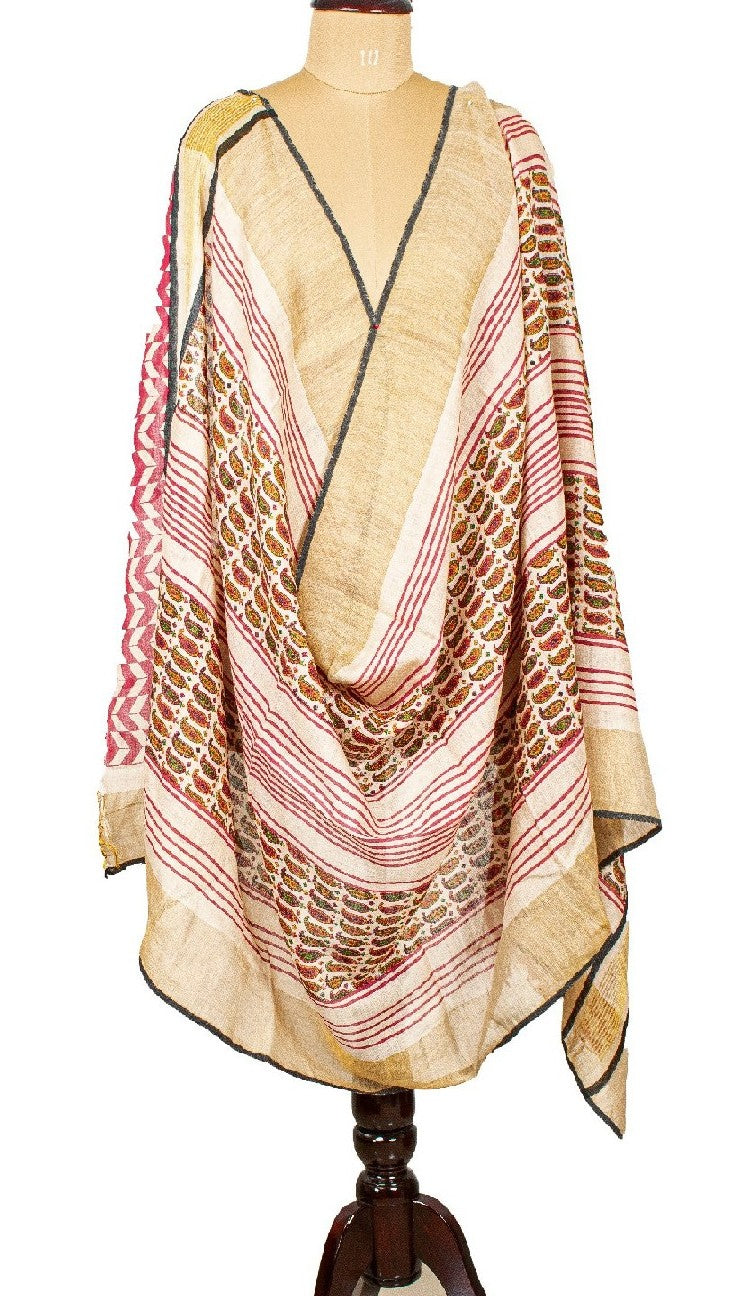 Sanskriti Vintage Ivory Long Dupatta Stole Pure Cotton Hijab Printed Wrap Veil