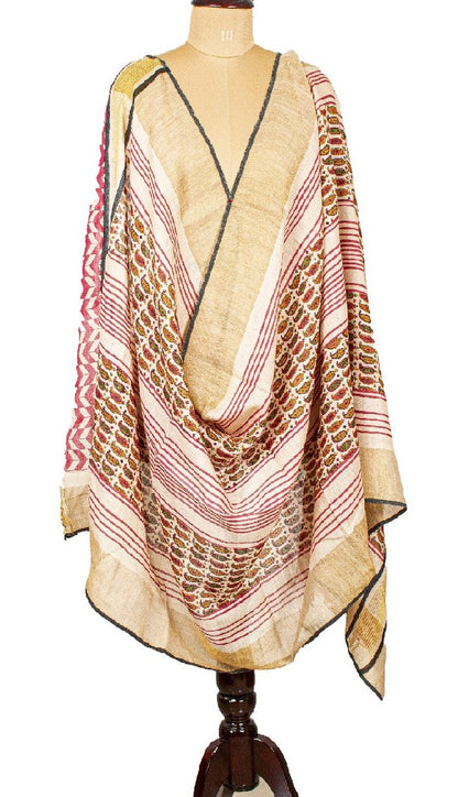 Sanskriti Vintage Ivory Long Dupatta Stole Pure Cotton Hijab Printed Wrap Veil