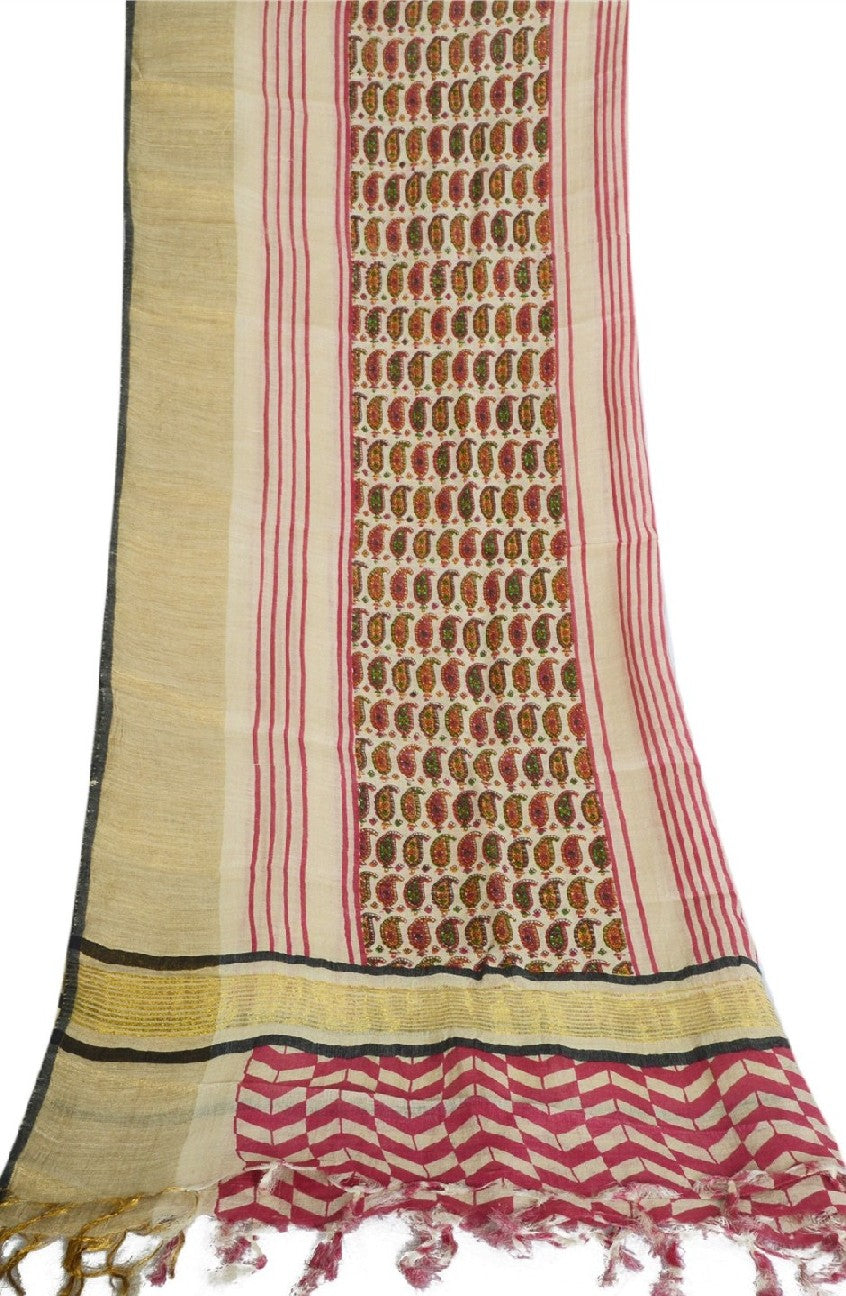 Sanskriti Vintage Ivory Long Dupatta Stole Pure Cotton Hijab Printed Wrap Veil