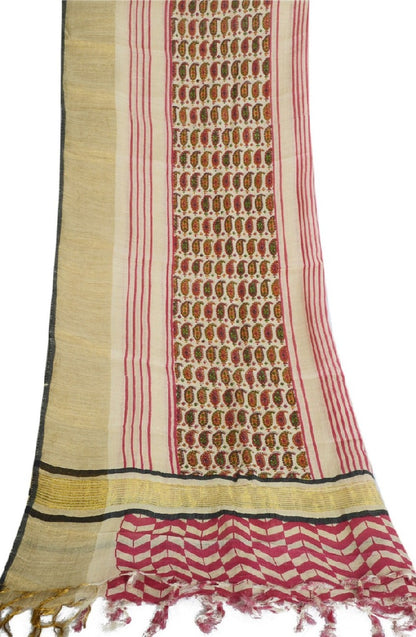 Sanskriti Vintage Ivory Long Dupatta Stole Pure Cotton Hijab Printed Wrap Veil
