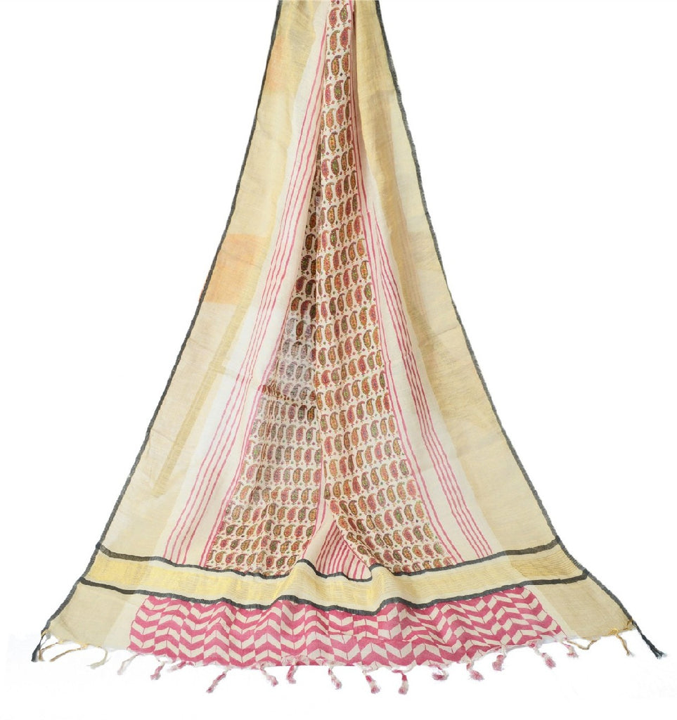 Sanskriti Vintage Ivory Long Dupatta Stole Pure Cotton Hijab Printed Wrap Veil