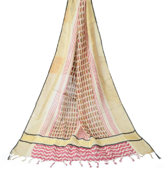 Sanskriti Vintage Ivory Long Dupatta Stole Pure Cotton Hijab Printed Wrap Veil