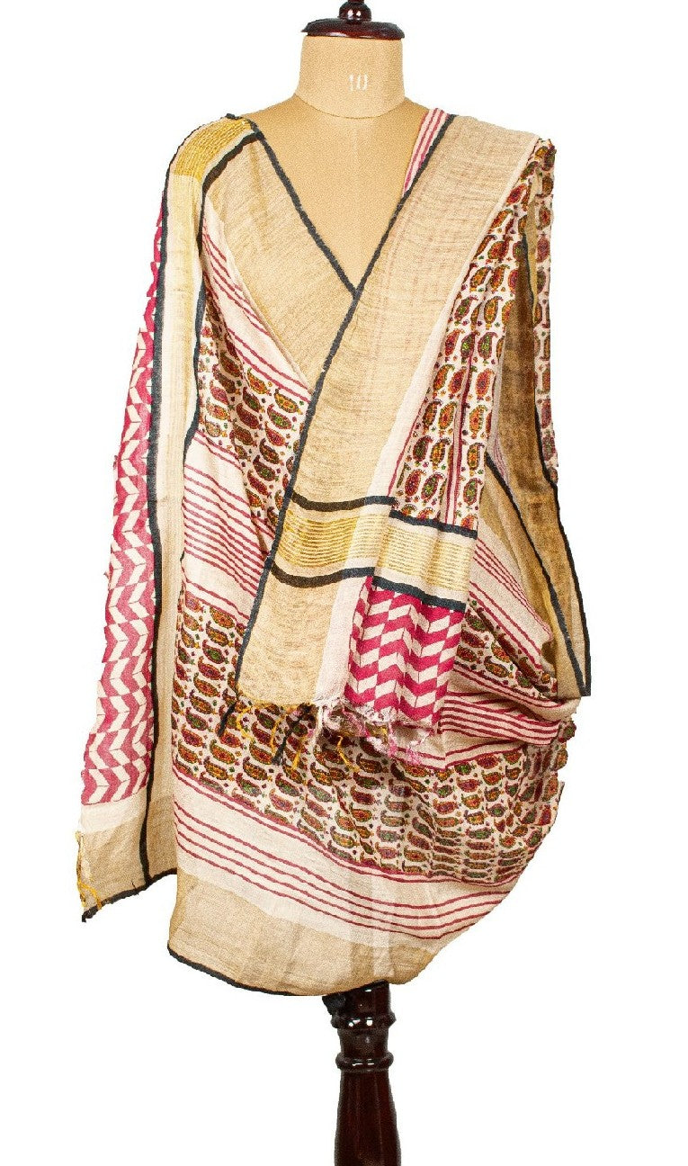 Sanskriti Vintage Ivory Long Dupatta Stole Pure Cotton Hijab Printed Wrap Veil