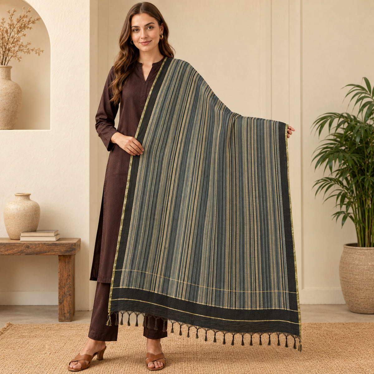 Sanskriti Vintage Chanderi Abstract Printed Pure Silk Dupatta Stole Grey Veil