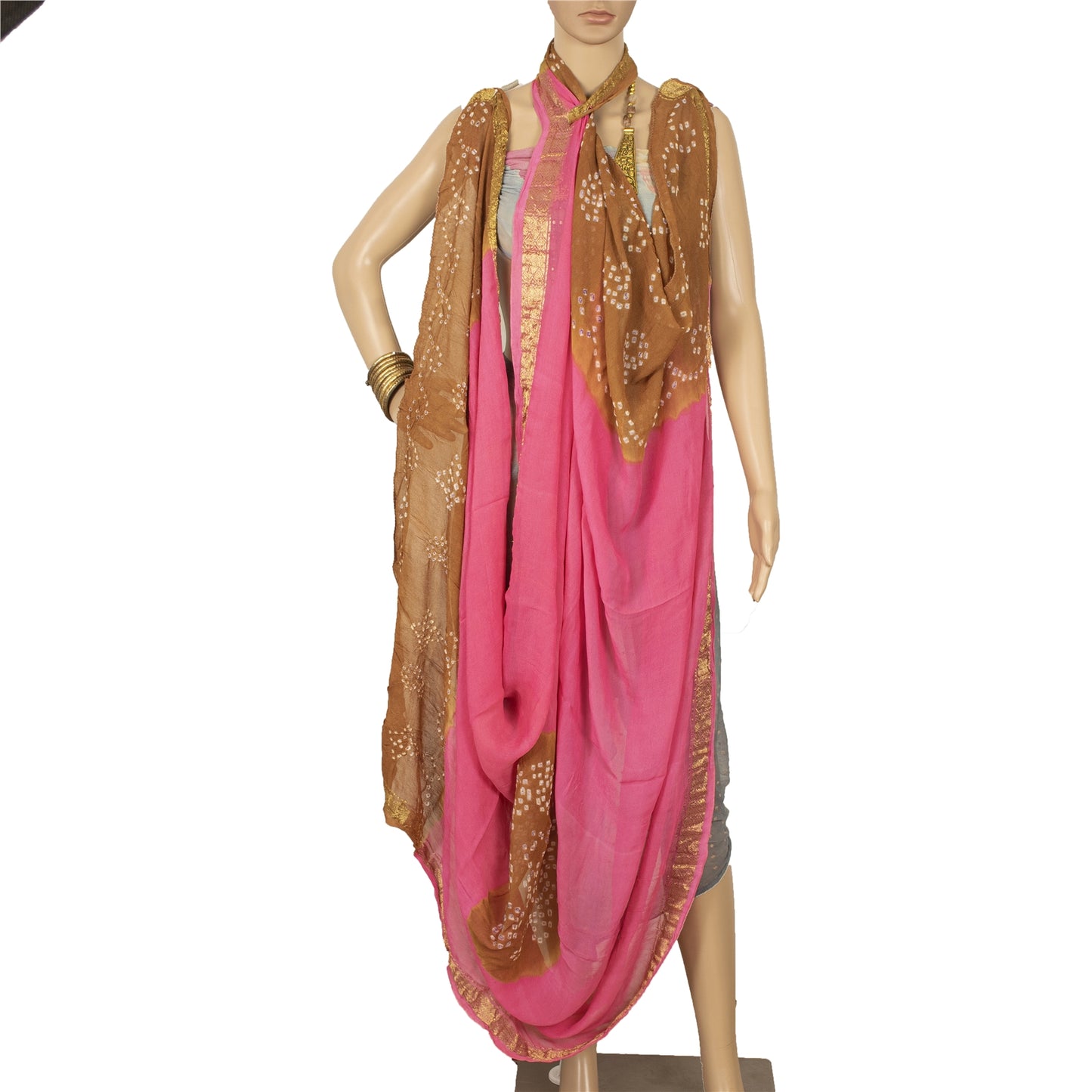 Sanskriti Vintage Pink Long Dupatta Stole Pure Georgette Bandhani Woven Scarves