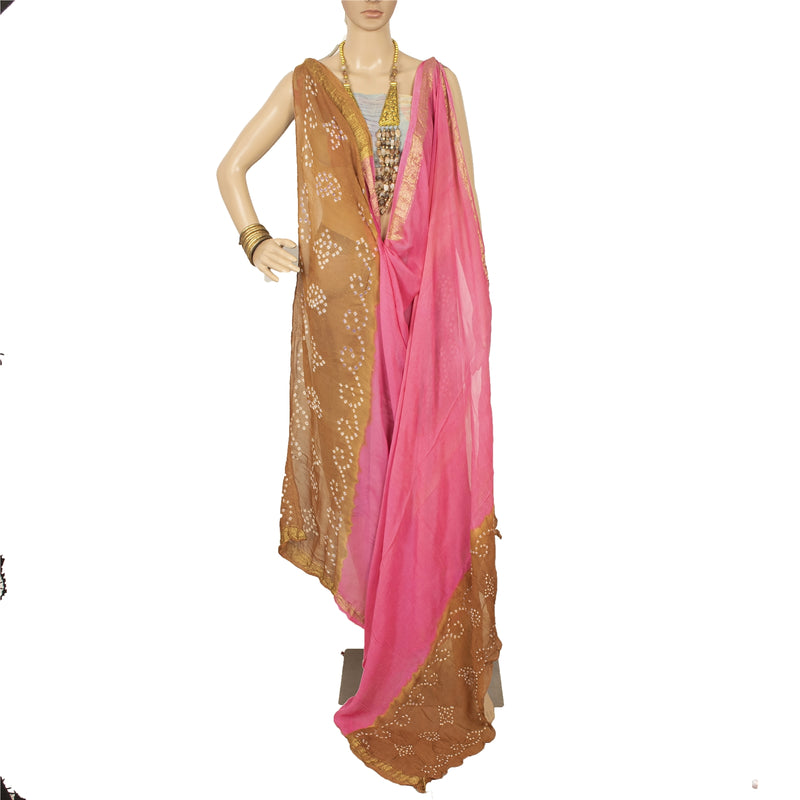 Sanskriti Vintage Pink Long Dupatta Stole Pure Georgette Silk Bandhani Woven