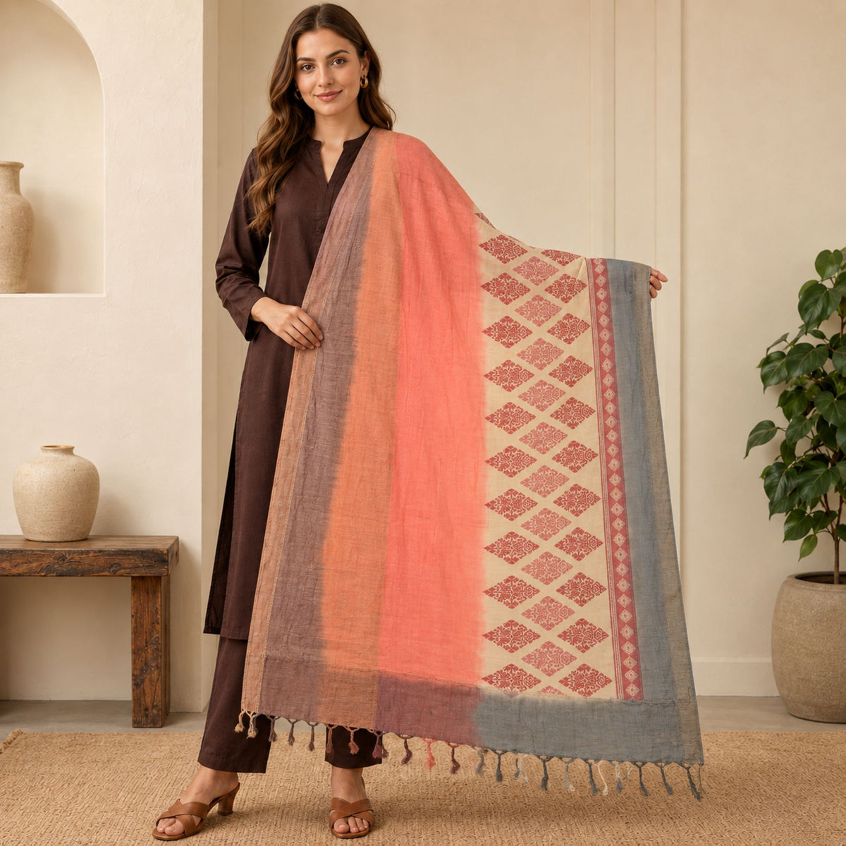 Sanskriti Vintage Chanderi Hand Block Print-Zari Blend Silk Dupatta Pink Stole
