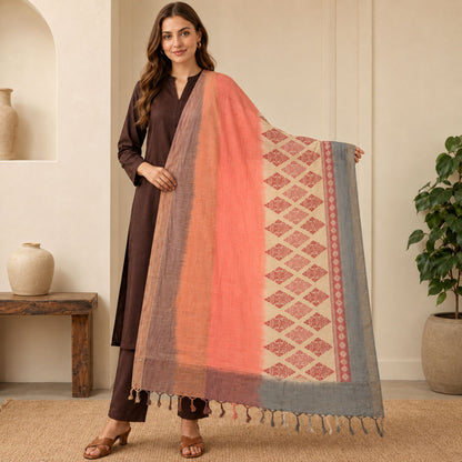 Sanskriti Vintage Chanderi Hand Block Print-Zari Blend Silk Dupatta Pink Stole