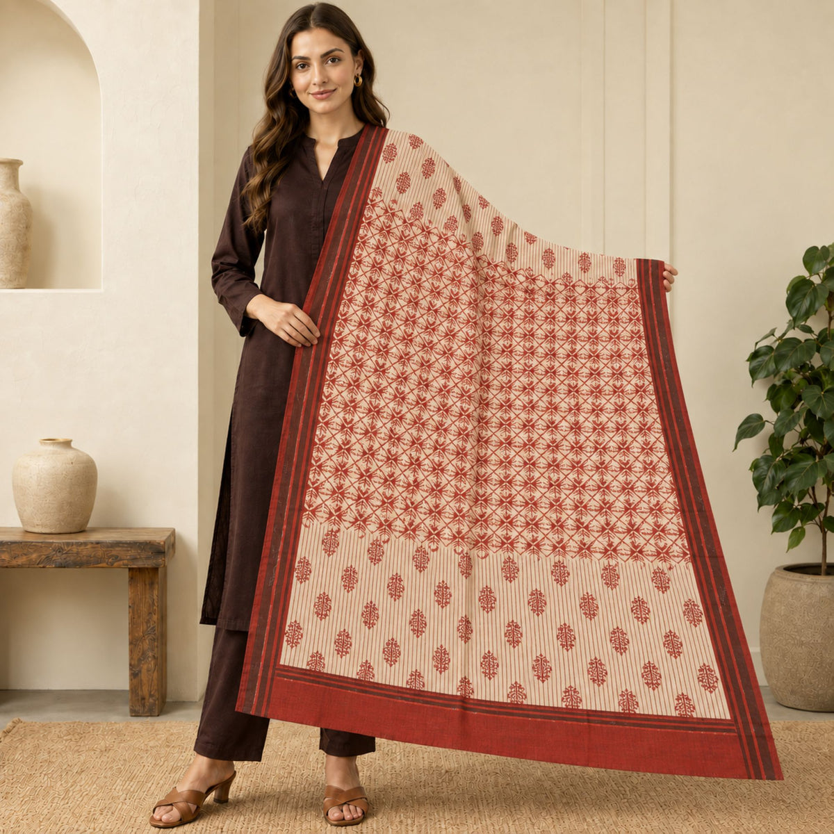 Sanskriti Vintage Hand Block Print Pure Cotton Long Dupatta Stole Red Soft Veil