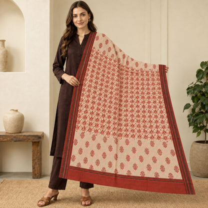 Sanskriti Vintage Hand Block Print Pure Cotton Long Dupatta Stole Red Soft Veil