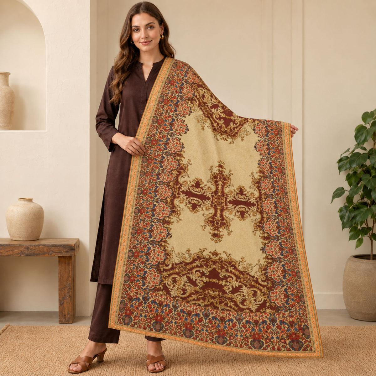Sanskriti Vintage Floral Printed Rayon Long Dupatta Stole Cream-Brown Soft Hijab