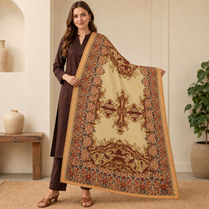 Sanskriti Vintage Floral Printed Rayon Long Dupatta Stole Cream-Brown Soft Hijab