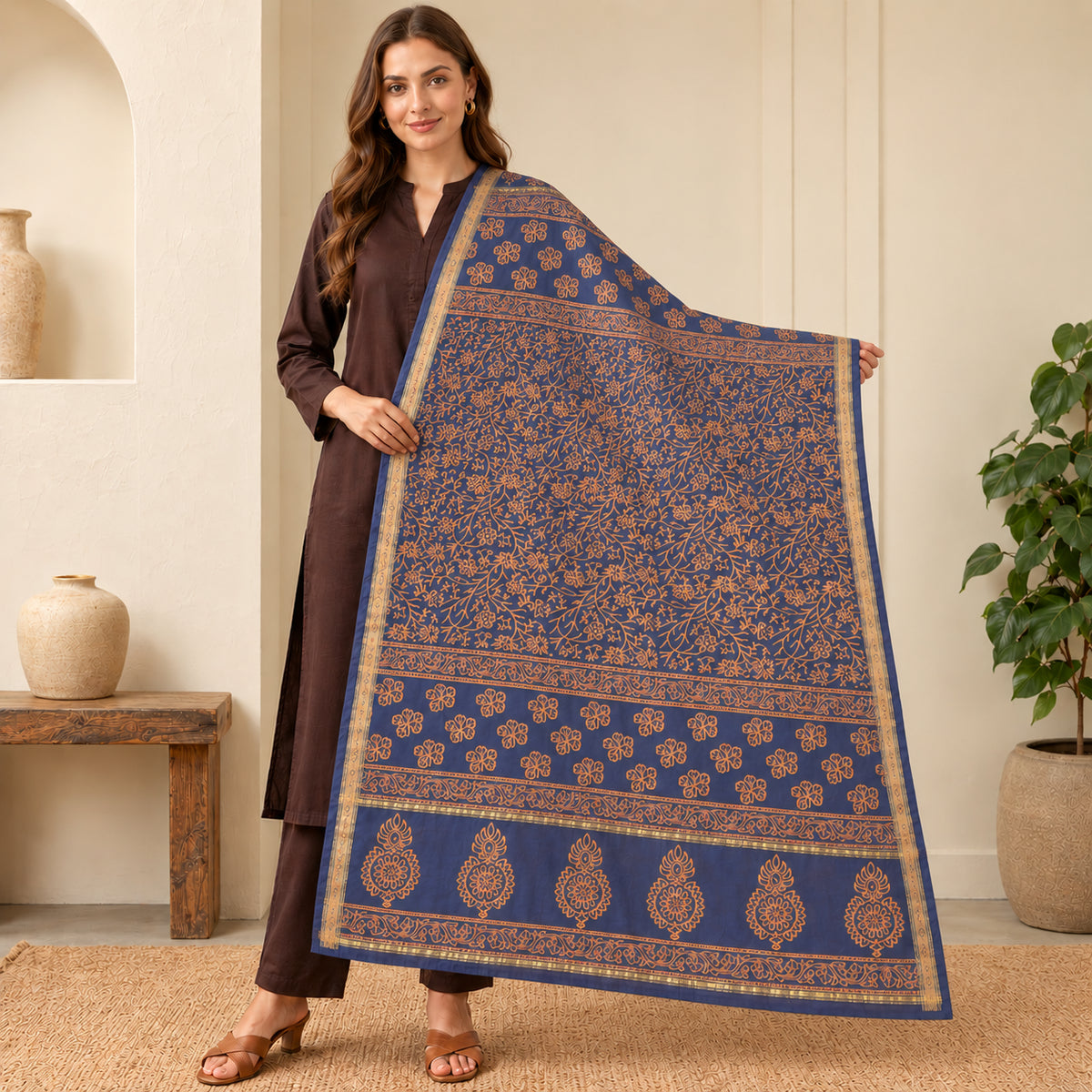 Sanskriti Vintage Chaderi Hand Block Printed Blend Silk Long Dupatta Blue Stole
