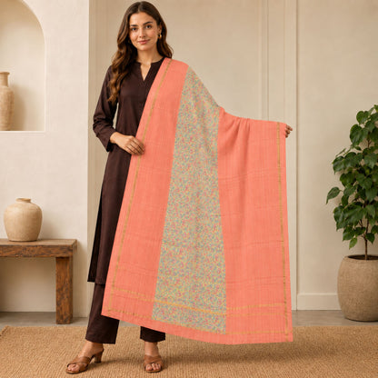 Sanskriti Vintage Chanderi Printed Pure Silk Dupatta Peach-Green Long Stole Veil