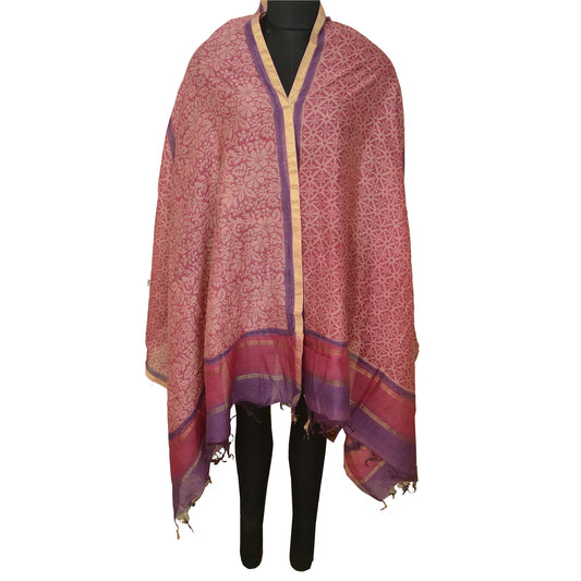 Sanskriti Vintage Pure Chanderi Silk Printed Long Dupatta/Stole Pink-Purple Veil