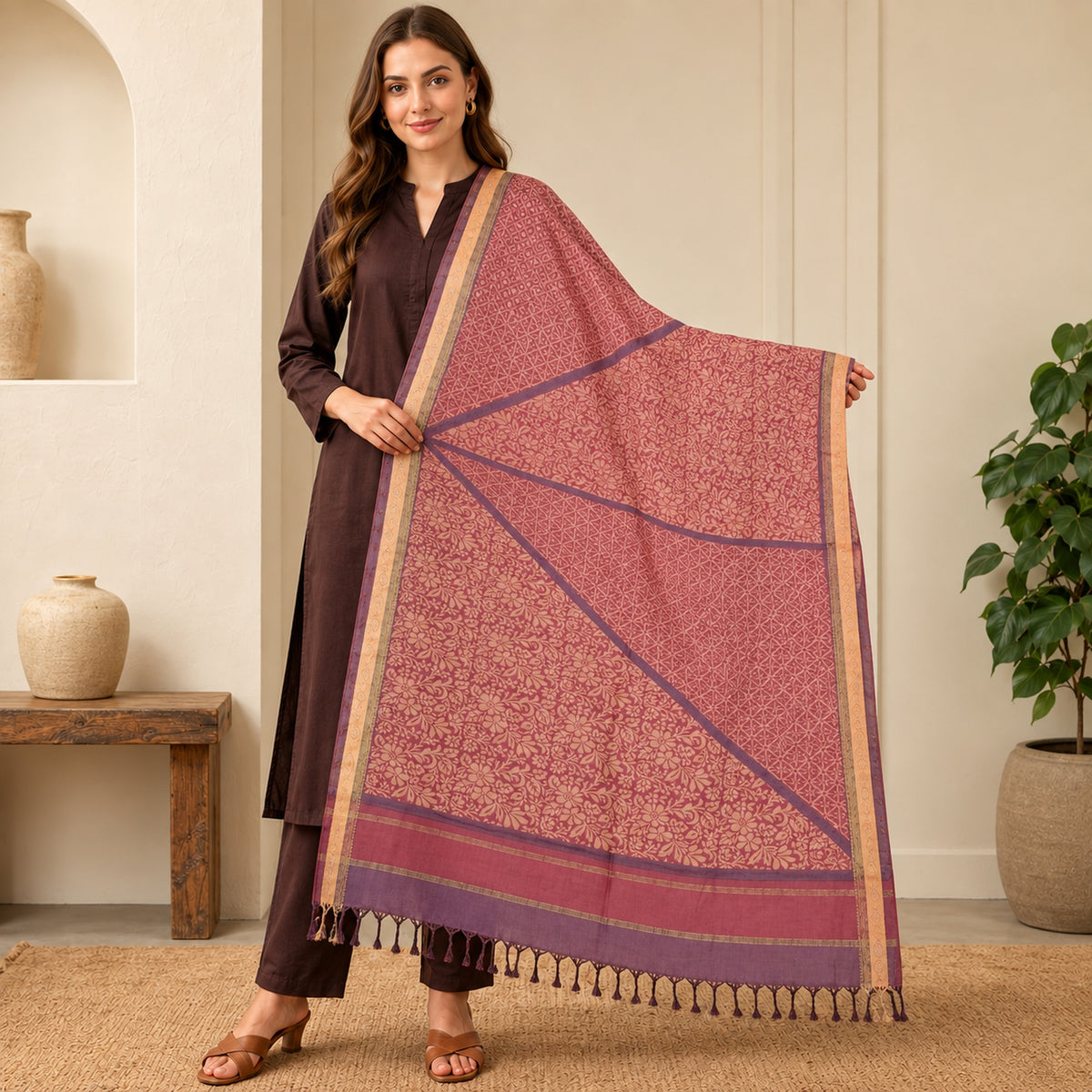 Sanskriti Vintage Pure Chanderi Silk Printed Long Dupatta/Stole Pink-Purple Veil
