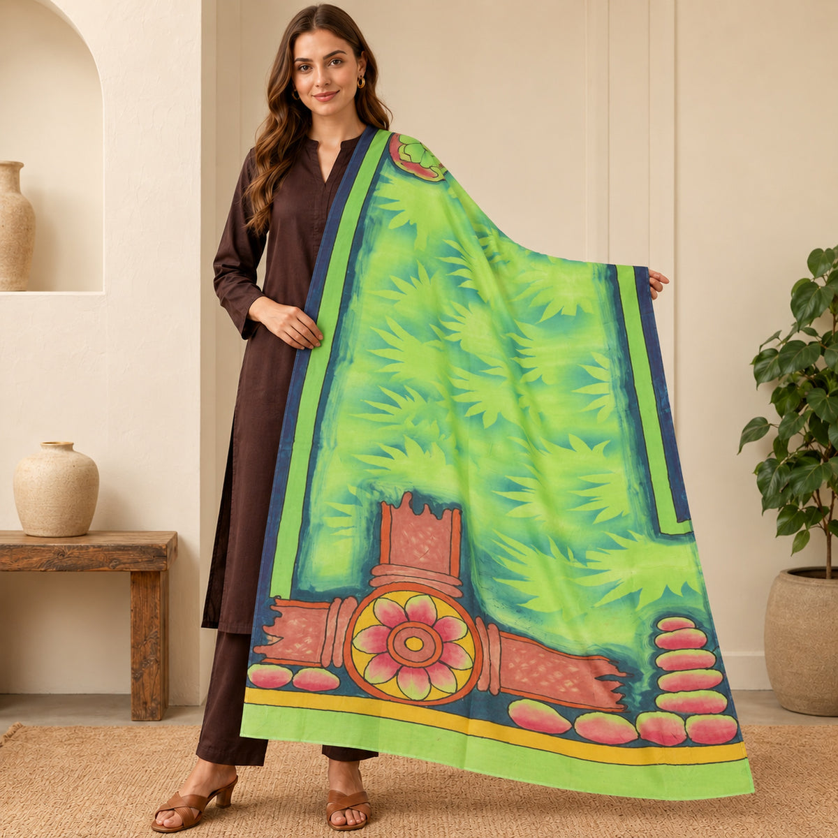 Sanskriti Vintage Digital Printed Art Silk Long Dupatta/Stole Green Wrap Veil