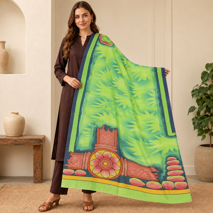 Sanskriti Vintage Digital Printed Art Silk Long Dupatta/Stole Green Wrap Veil