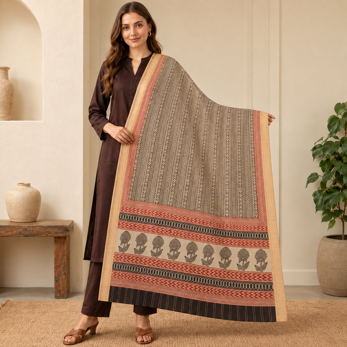 Sanskriti Vintage Handblock Print-Woven Dupatta Stole Black-Red Pure Cotton Veil