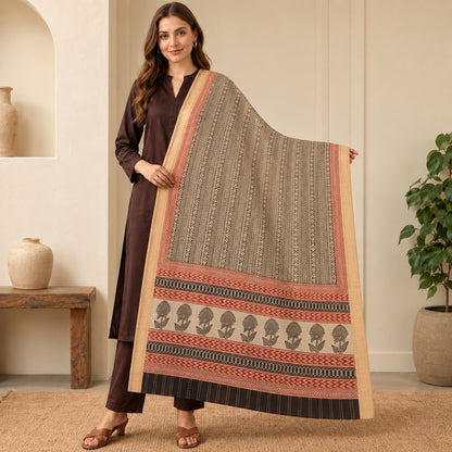 Sanskriti Vintage Handblock Print-Woven Dupatta Stole Black-Red Pure Cotton Veil