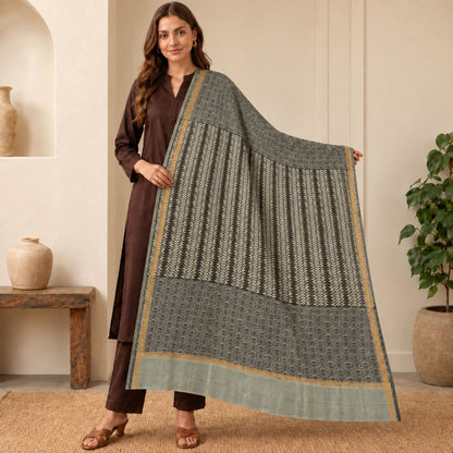 Sanskriti Vintage Chanderi Print-Zari Blend Silk Long Dupatta/Stole Grey Veil