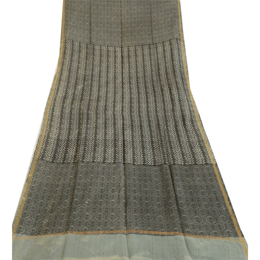 Sanskriti Vintage Chanderi Print-Zari Blend Silk Long Dupatta/Stole Grey Veil