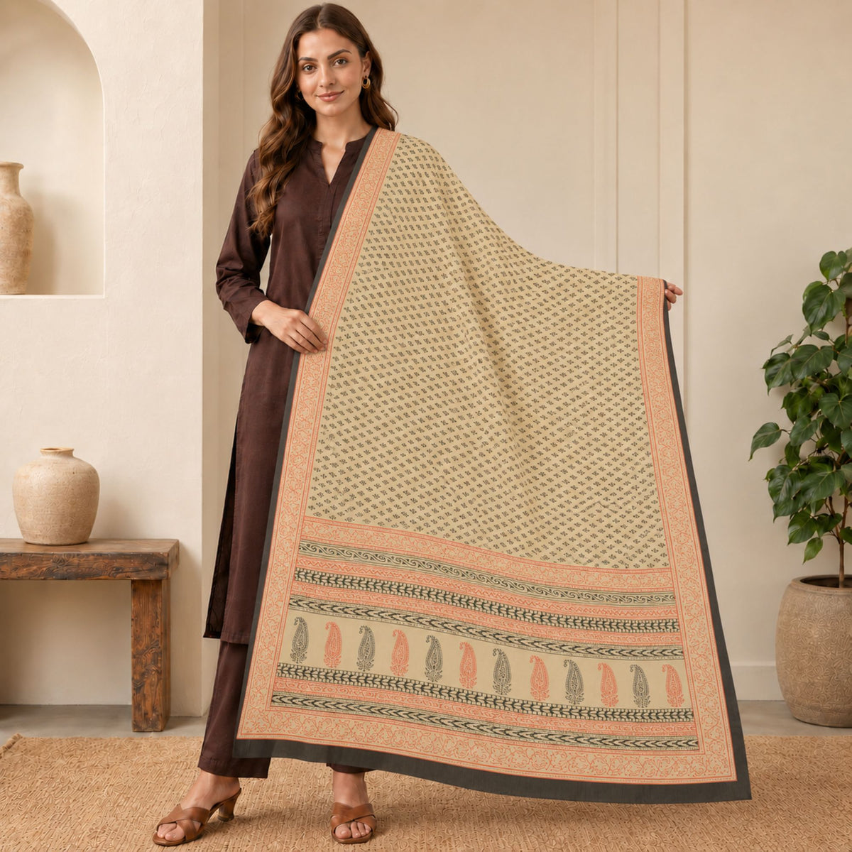 Sanskriti Vintage Hand Block Print Pure Silk Dupatta Long Stole Ivory Veil Wrap