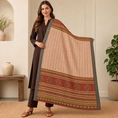 Sanskriti Vintage Floral Printed Cotton Silk Long Dupatta Stole Ivory-Red Veil