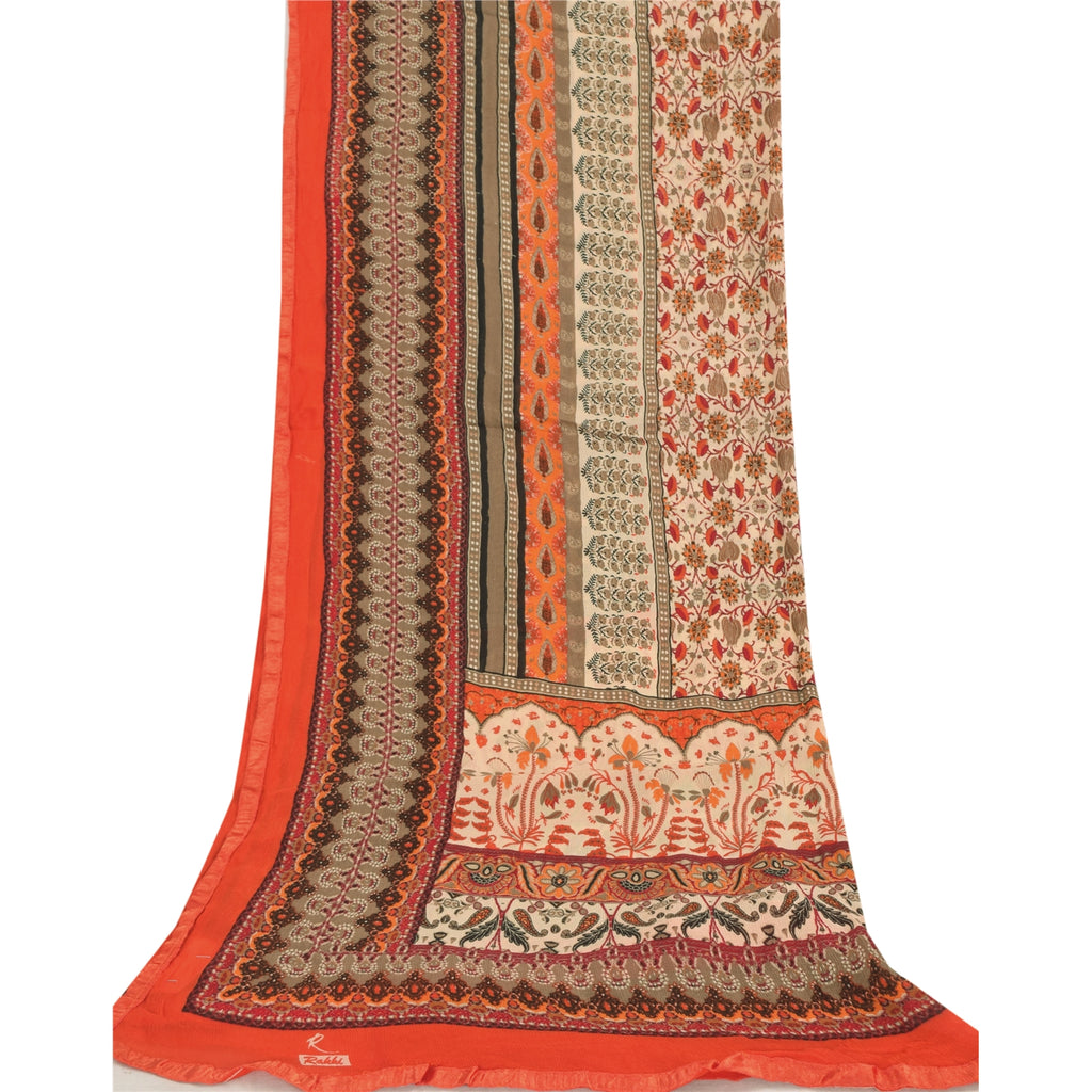 Sanskriti Vintage Orange/Ivory Long Dupatta/Stole Pure Chiffon Silk Printed Veil