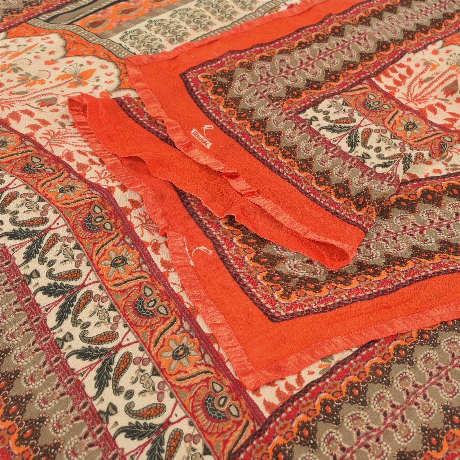 Sanskriti Vintage Orange/Ivory Long Dupatta/Stole Pure Chiffon Silk Printed Veil