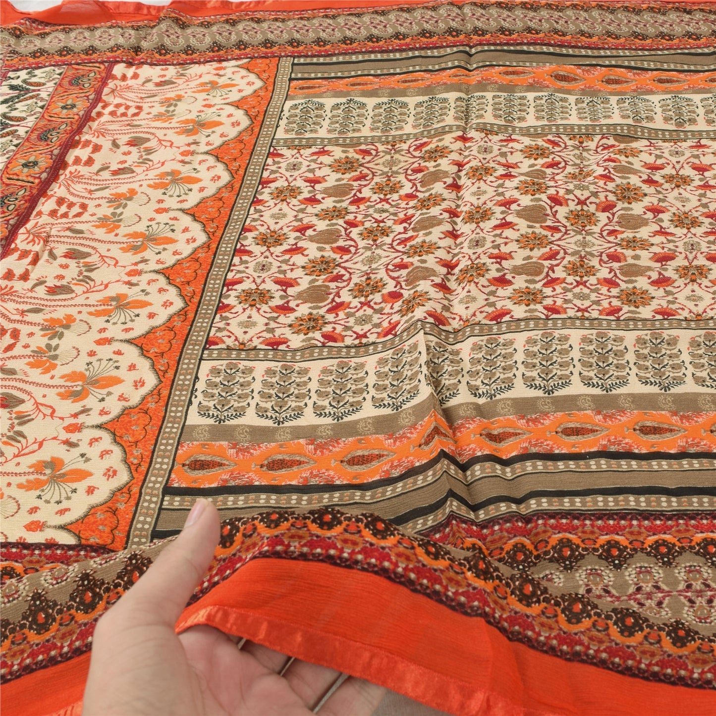 Sanskriti Vintage Orange/Ivory Long Dupatta/Stole Pure Chiffon Silk Printed Veil