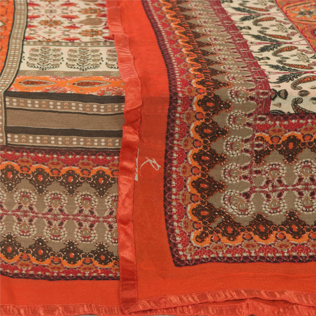 Sanskriti Vintage Orange/Ivory Long Dupatta/Stole Pure Chiffon Silk Printed Veil
