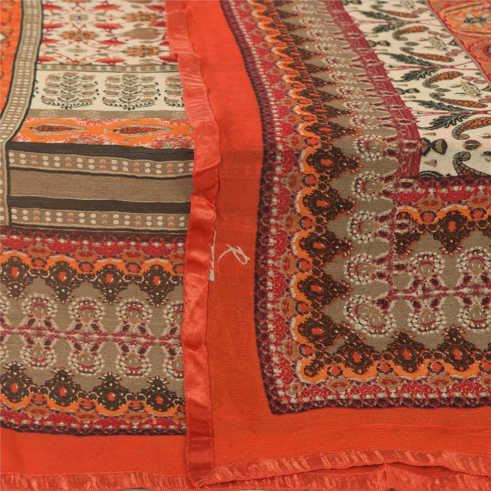 Sanskriti Vintage Orange/Ivory Long Dupatta/Stole Pure Chiffon Silk Printed Veil