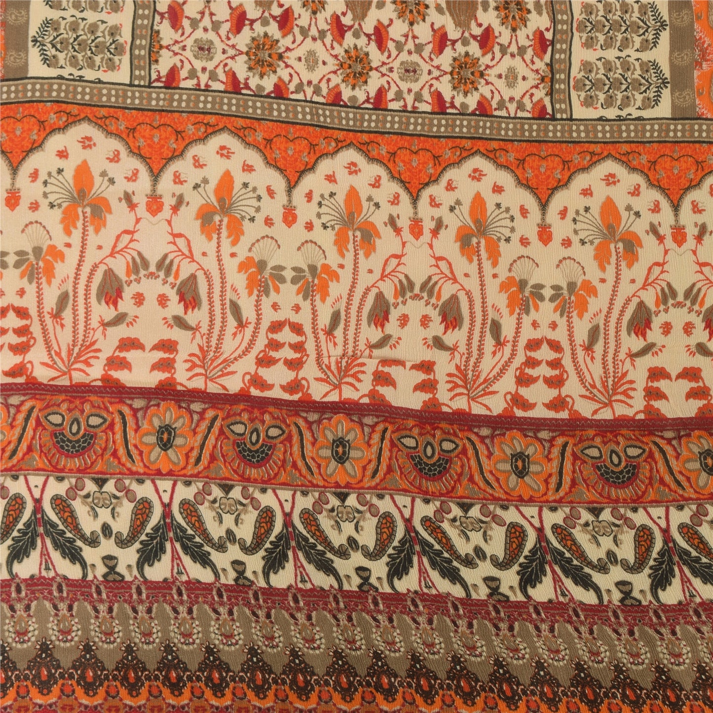 Sanskriti Vintage Orange/Ivory Long Dupatta/Stole Pure Chiffon Silk Printed Veil