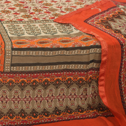 Sanskriti Vintage Orange/Ivory Long Dupatta/Stole Pure Chiffon Silk Printed Veil