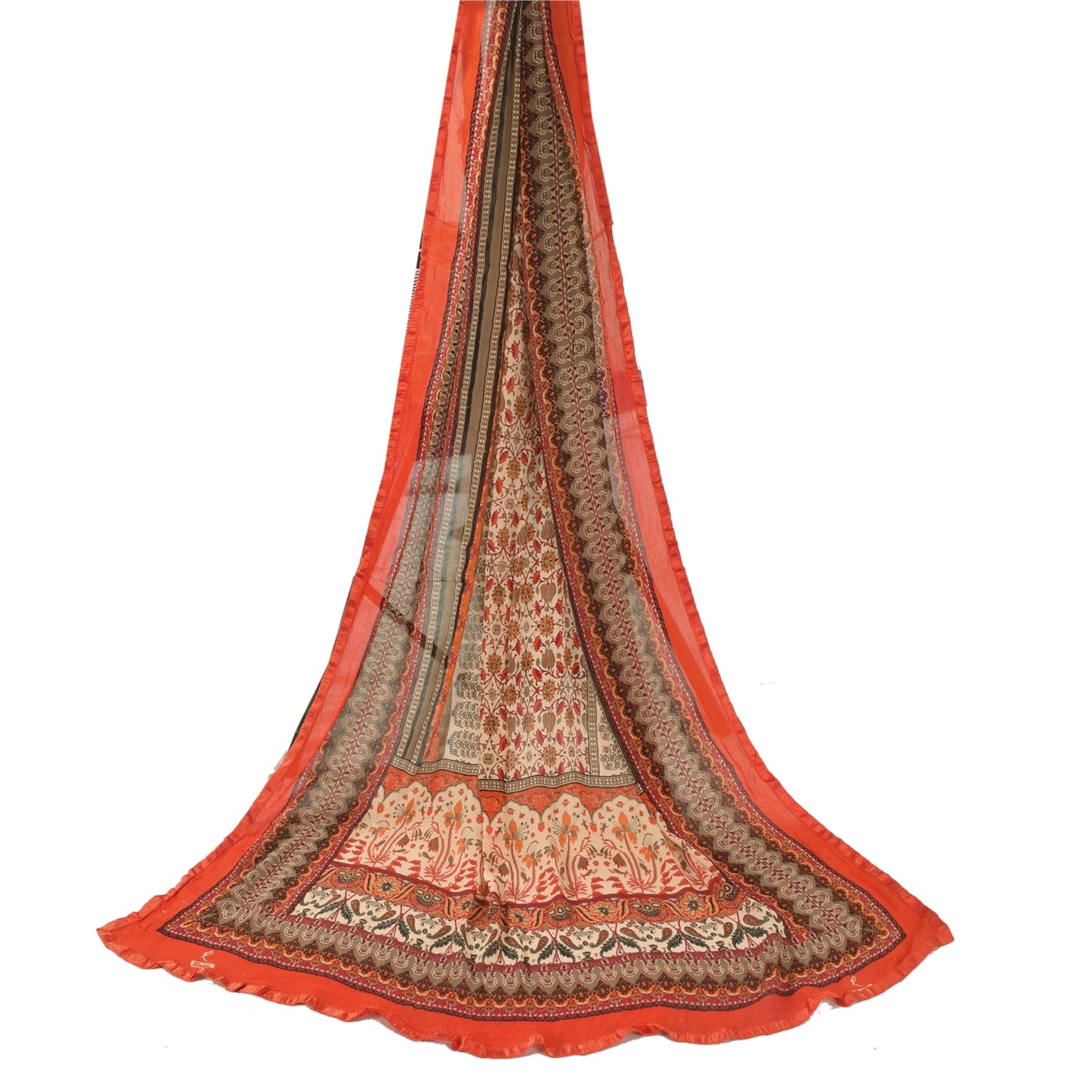Sanskriti Vintage Orange/Ivory Long Dupatta/Stole Pure Chiffon Silk Printed Veil