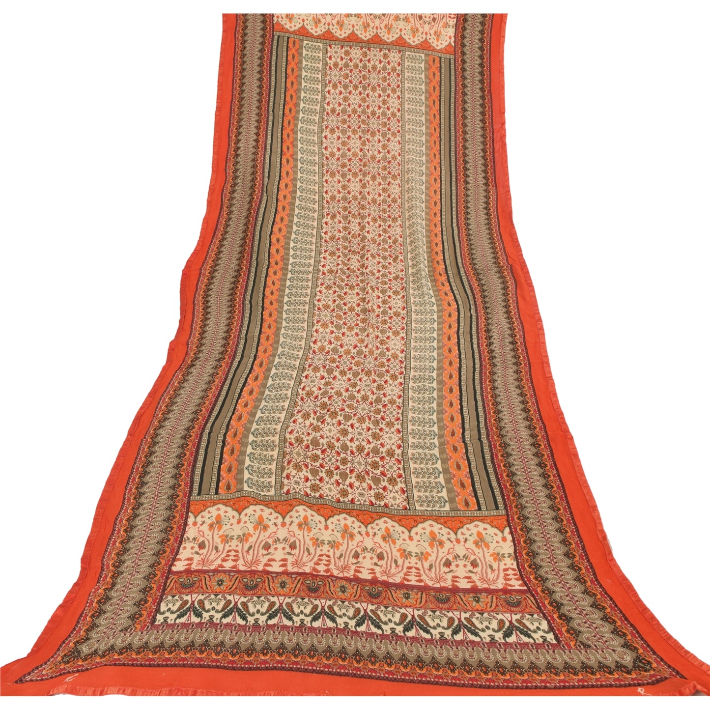 Sanskriti Vintage Orange/Ivory Long Dupatta/Stole Pure Chiffon Silk Printed Veil