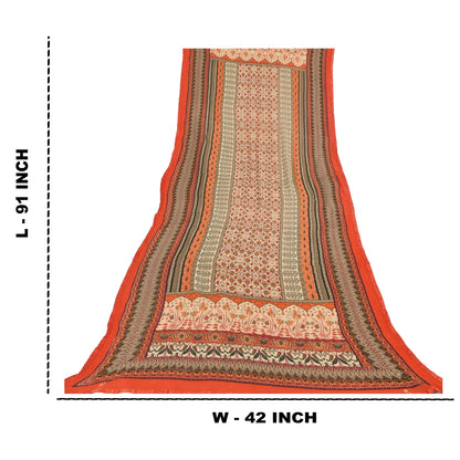 Sanskriti Vintage Orange/Ivory Long Dupatta/Stole Pure Chiffon Silk Printed Veil