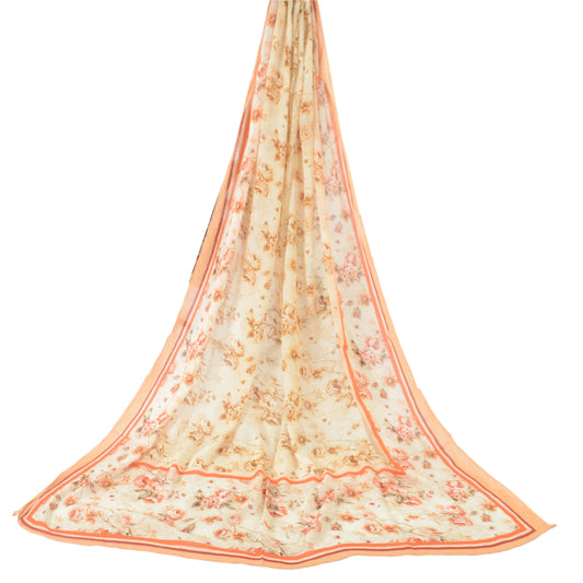 Sanskriti Vintage Ivory Long Dupatta Scarf Pure Chiffon Hijab Printed Wrap Veil Upcycled Sustainable Remnant Fabric For DIY Projects