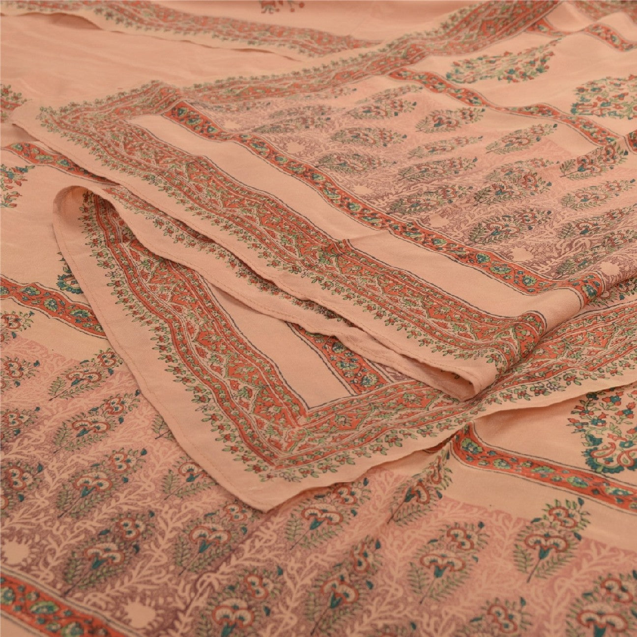 Sanskriti Vintage Long Dupatta Stole Pure Crepe Silk Peach Block Printed Scarves