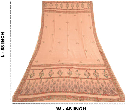 Sanskriti Vintage Long Dupatta Stole Pure Crepe Silk Peach Block Printed Scarves