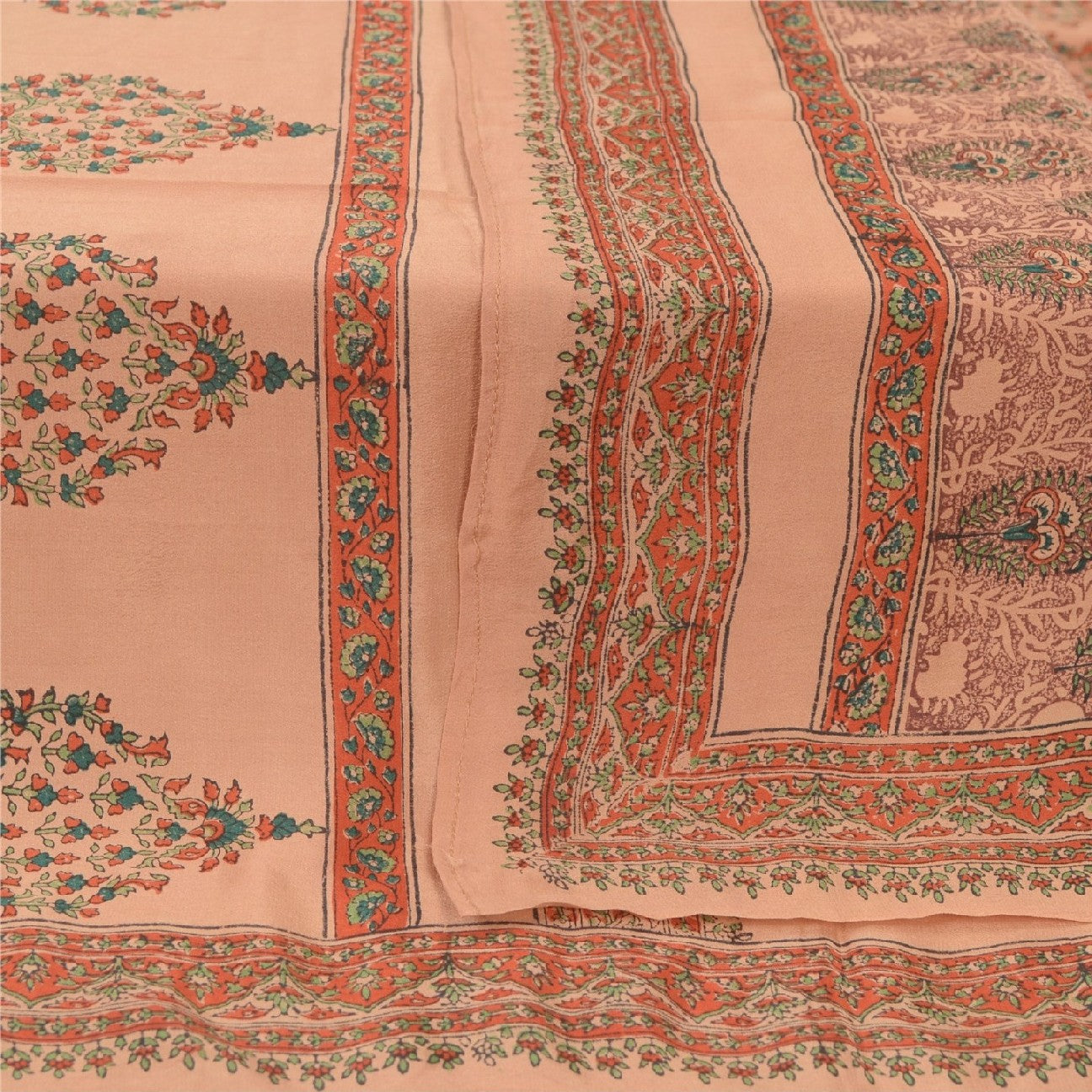 Sanskriti Vintage Long Dupatta Stole Pure Crepe Silk Peach Block Printed Scarves