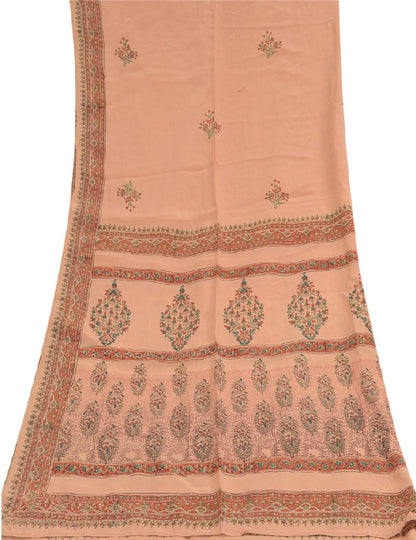 Sanskriti Vintage Long Dupatta Stole Pure Crepe Silk Peach Block Printed Scarves