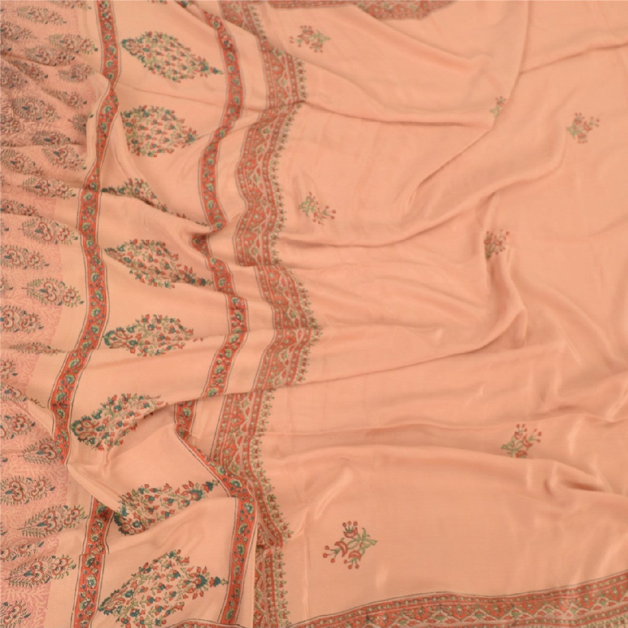 Sanskriti Vintage Long Dupatta Stole Pure Crepe Silk Peach Block Printed Scarves