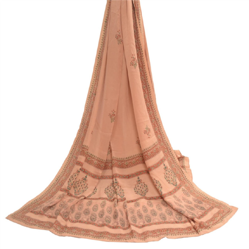 Sanskriti Vintage Long Dupatta Stole Pure Crepe Silk Peach Block Printed Scarves
